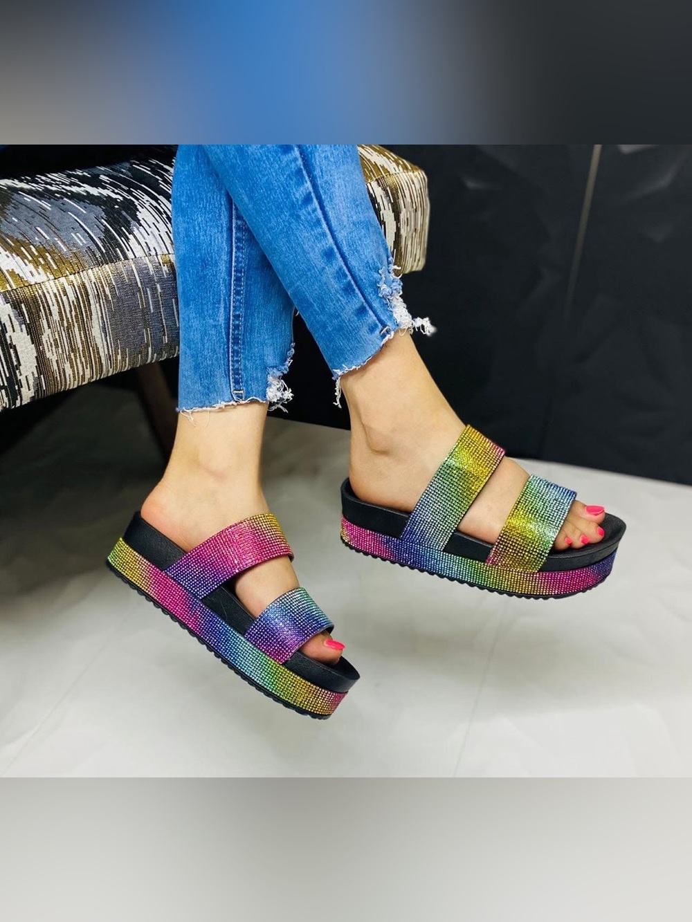 Rainbow Rhinestone Platform Slide Sandals Double Strap Slip-On Beach Shoes US 7